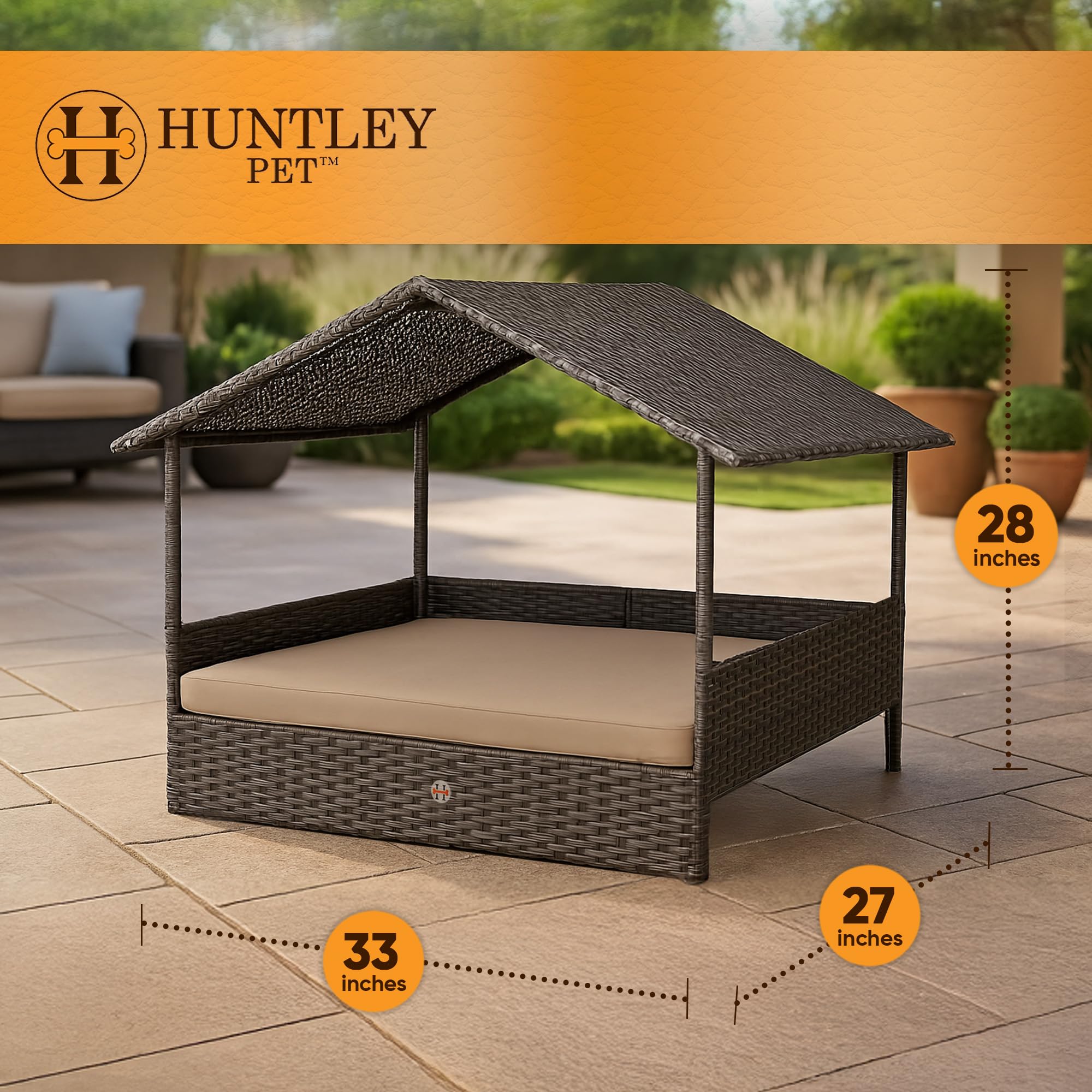 Huntley Pet Rattan Wicker Indoor Outdoor Cabana Raised Pet Bed With Canopy, Weather Proof Cushion Cover